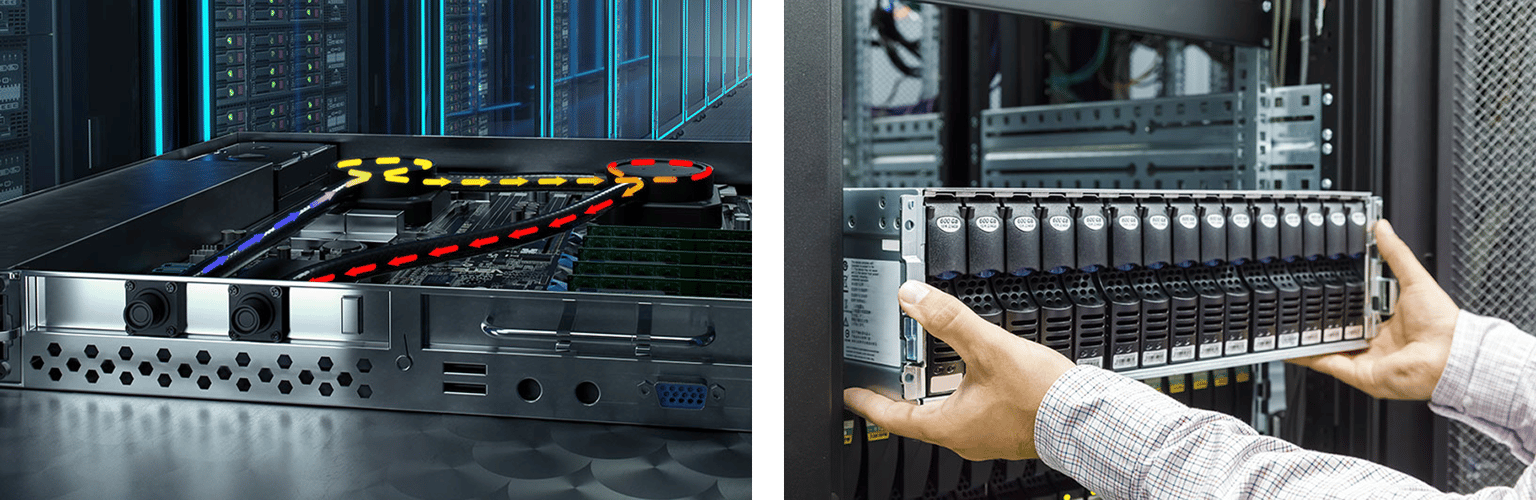 サーバー内部のコールドプレートを通る冷却液の流路と、サーバーラックにサーバーを差し込む作業の写真