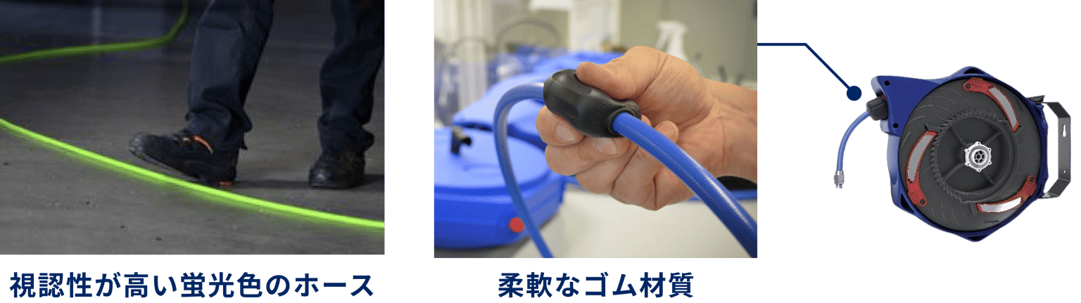 床の上の高視認性ホースと作業者の足元、柔軟なゴム材質のストップボール、樹脂製ホースリールの内部