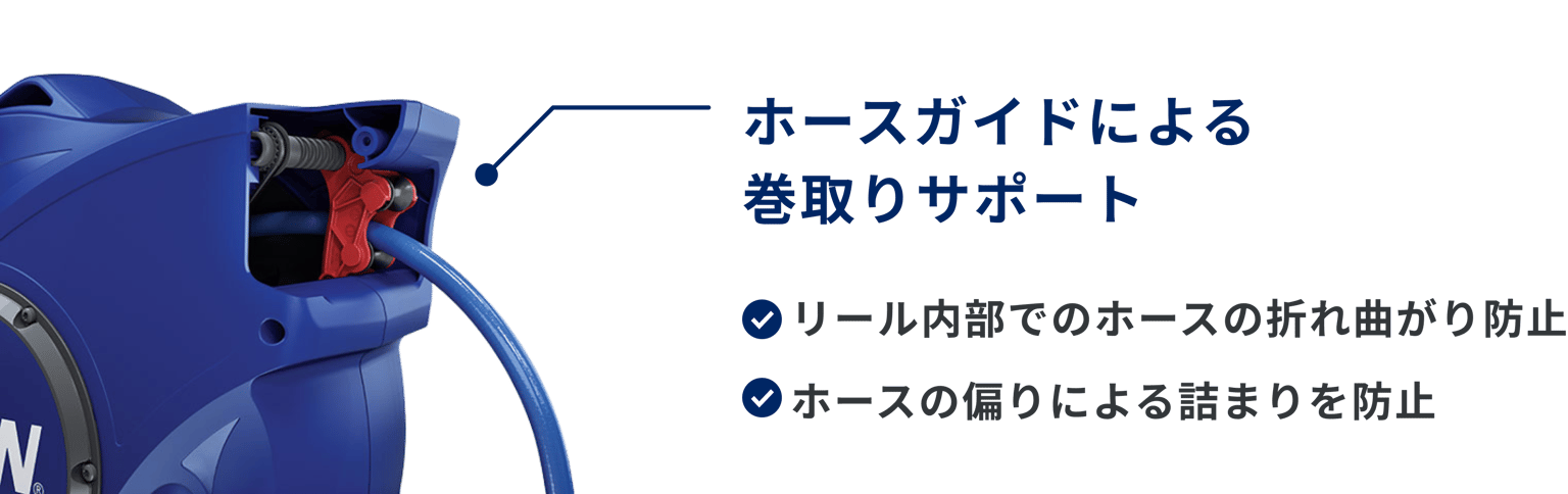 樹脂製ホースリールの開口部にあるホースガイドの拡大