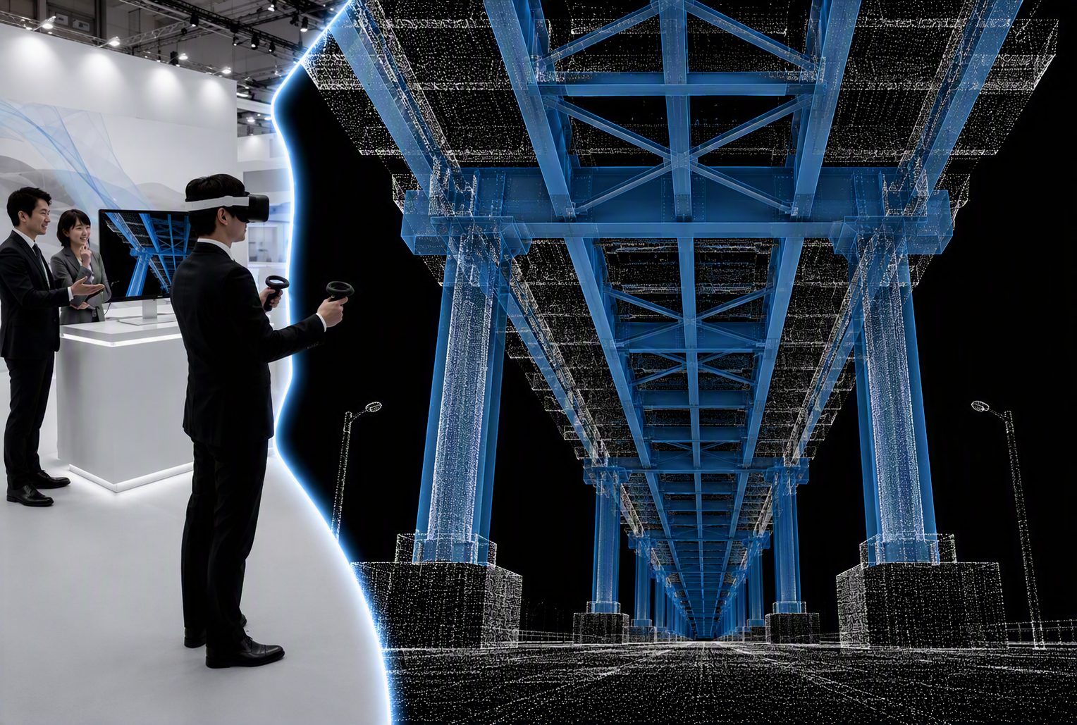 展示会でVRを使い巨大構造物を見せるイメージ