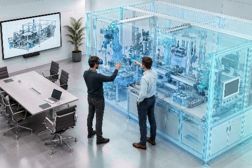 会議室で装置をVRで確認するイメージ
