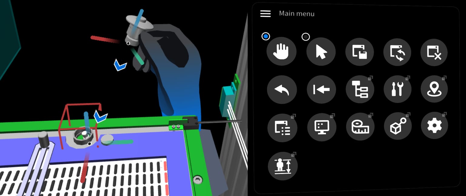 VR空間で部品を掴む操作と、Xphereのメインメニュー画面