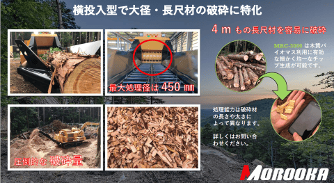 横投入型で大径・長尺材破砕に特化
