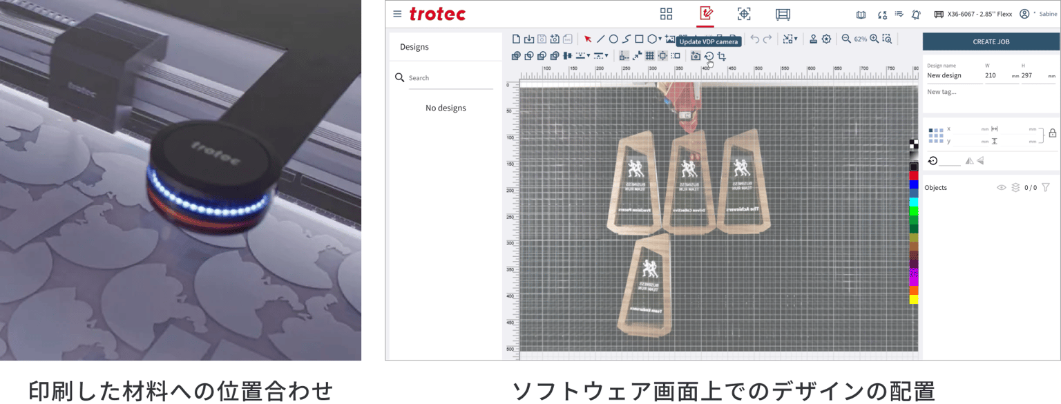 カメラによる印刷した材料への位置合わせと、ソフトウェア画面上でのデザインの配置
