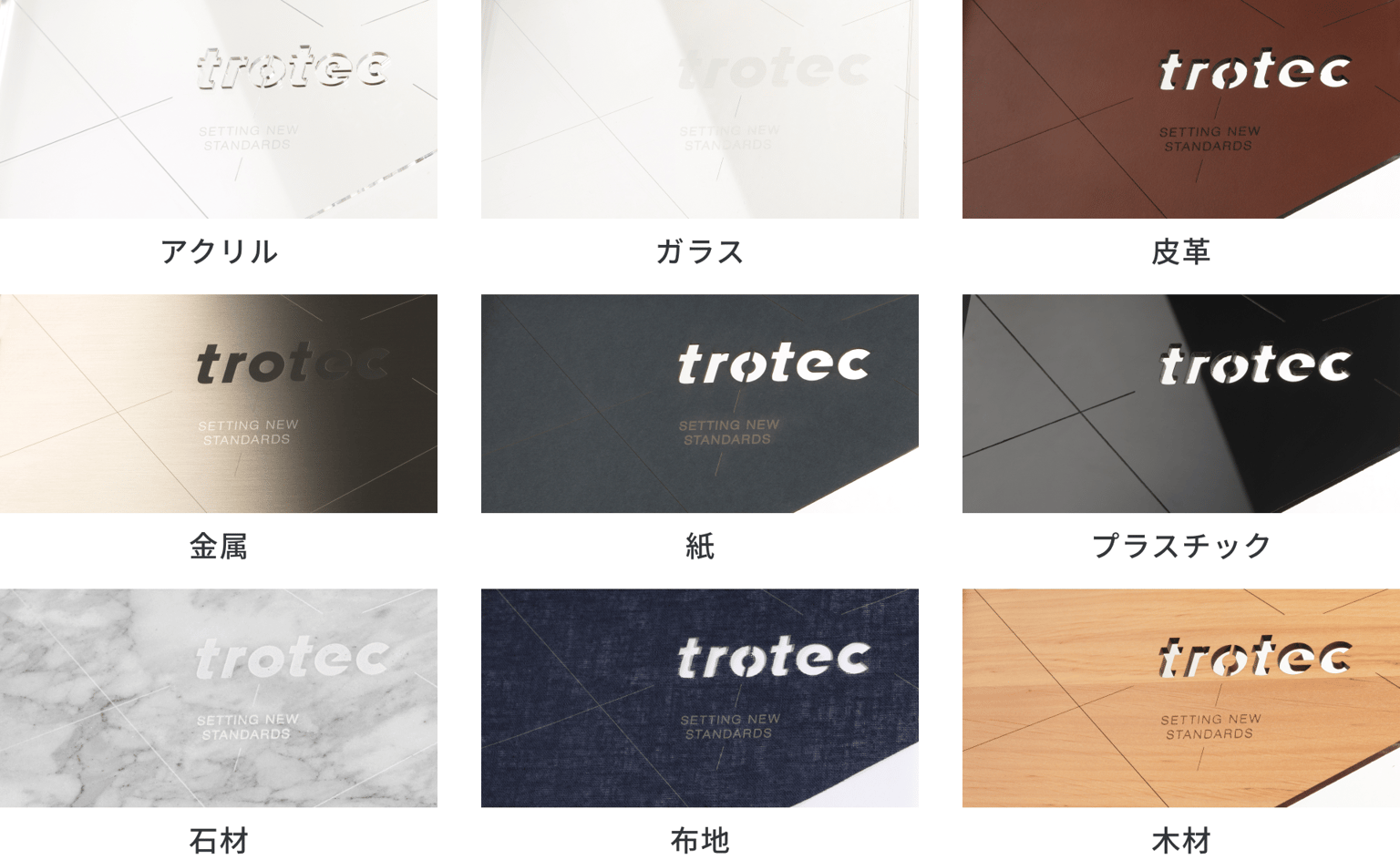 アクリル・ガラス・皮革・金属・紙・プラスチック・石材・布地・木材の加工例